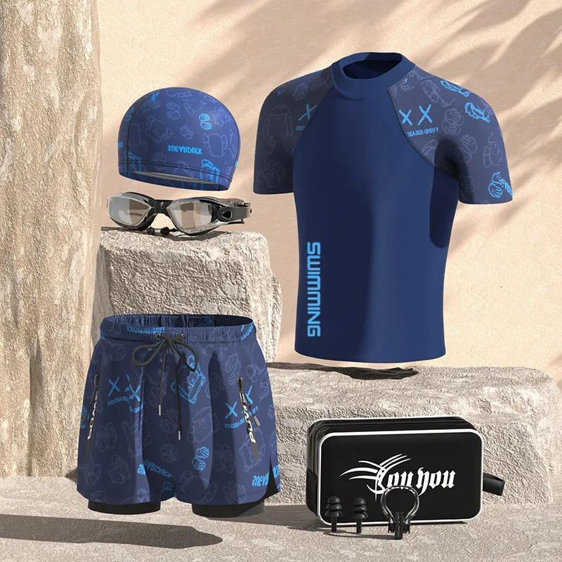Men Professional Water Sports Competitive Swim ShirtsTrunks Glasses Cap Quick-Drying Beach Surfing Bathing Shorts Goggles Hat 250530