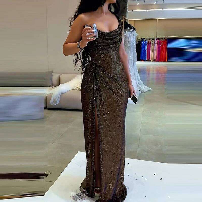 Casual Club Party Sequin Long Fashion Asymmetric Slim Off Shoulder Ladies Sexy Sleeveless Hollow Out Tail Dress