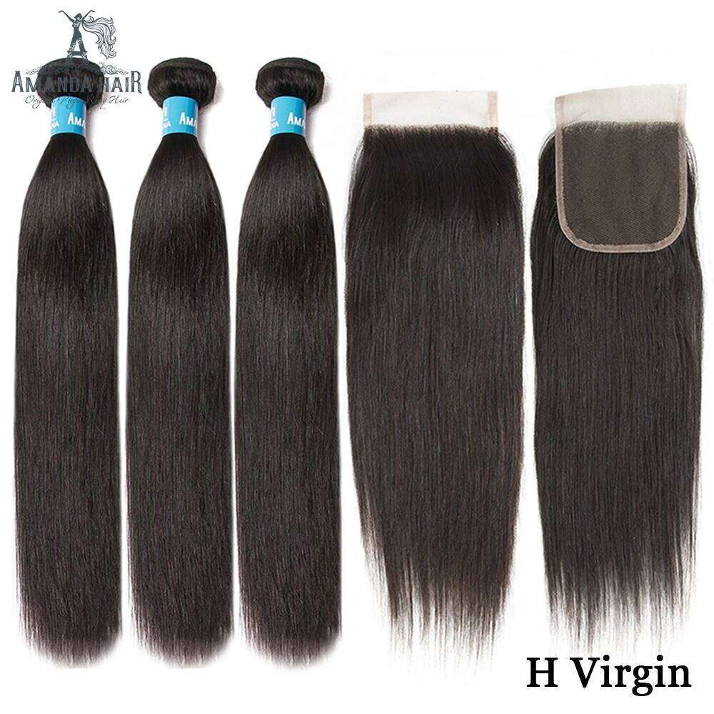Amanda Double Drawn Bundles 4x4" Unprocessed Virgin Human Straight Peruvian Hair Bundle with Closure