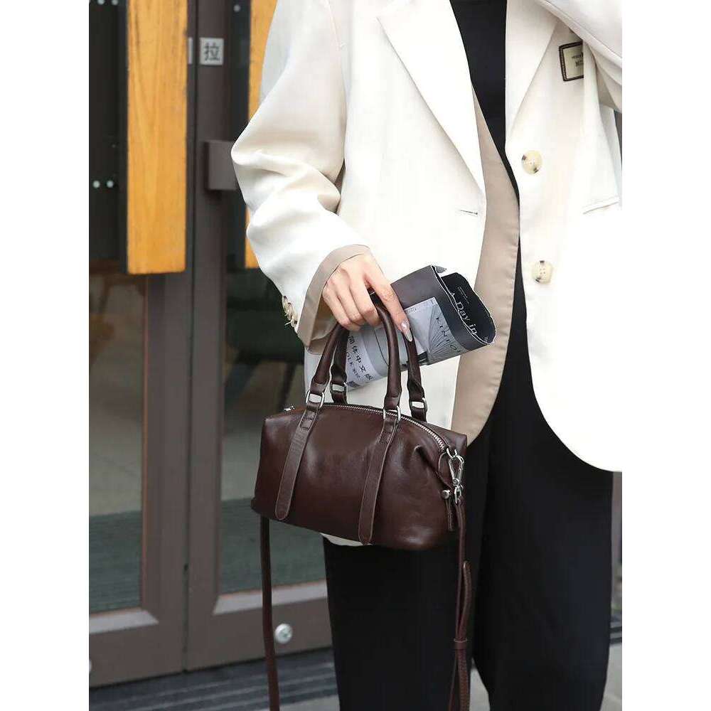 New Women's Handbag Commuting Genuine Leather Crossbody Female Cowhide Vintage Daily Shoulder Boston Bag as gift