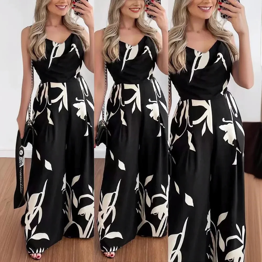 Fashionable Printed V-Neck Backless Waist-Cinched Wide Leg Jumpsuit Elegant One-Piece Cross-Border Long Pants for Women 250530