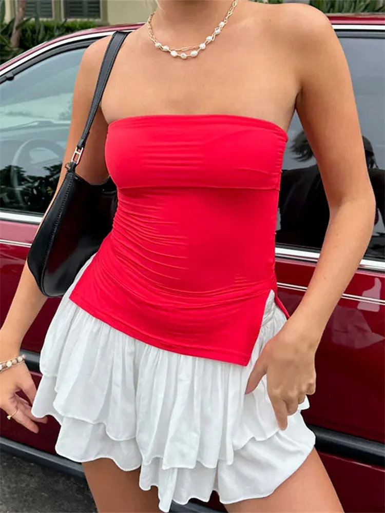 Women Tube Tops Solid Color Strapless Slit Tank Tops Summer Bandeau Cropped Tops Streetwear 250605