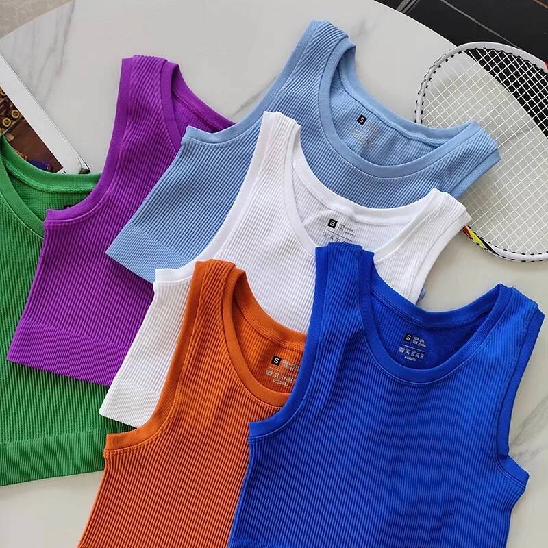 Sexy Women Sports Fiess Running Crop Top Sleeveless Vest Solid Color Knitted Short Sleeve Gym Yoga Tops Shirt