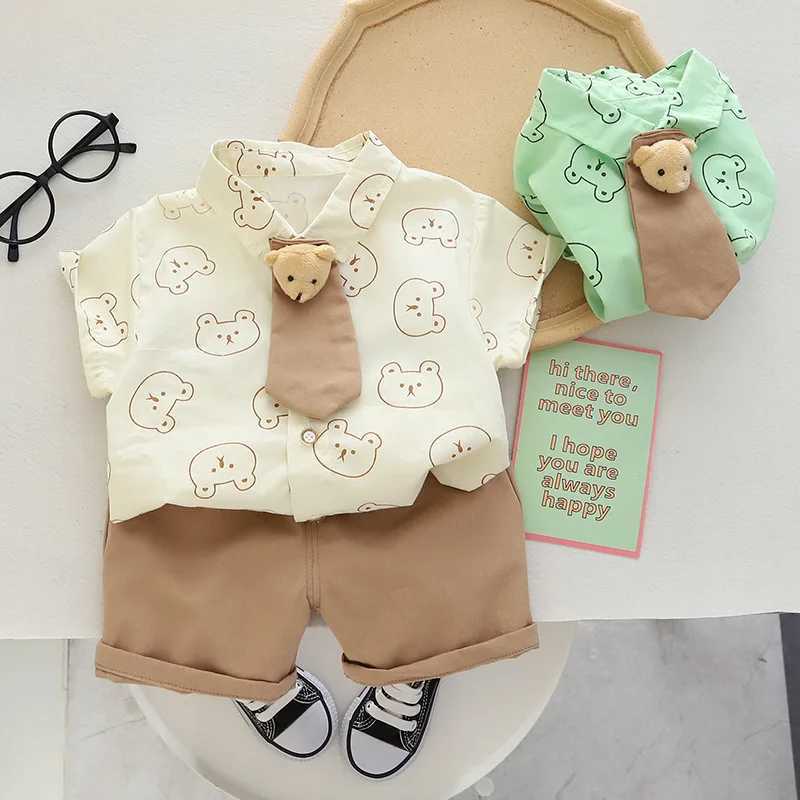 New Summer Baby Girls Boys Clothes Suits Boys Cartoon Bear Tie T Shirt Short 2Pcs/Set Toddler Fashion Children Clothes Suit R250606