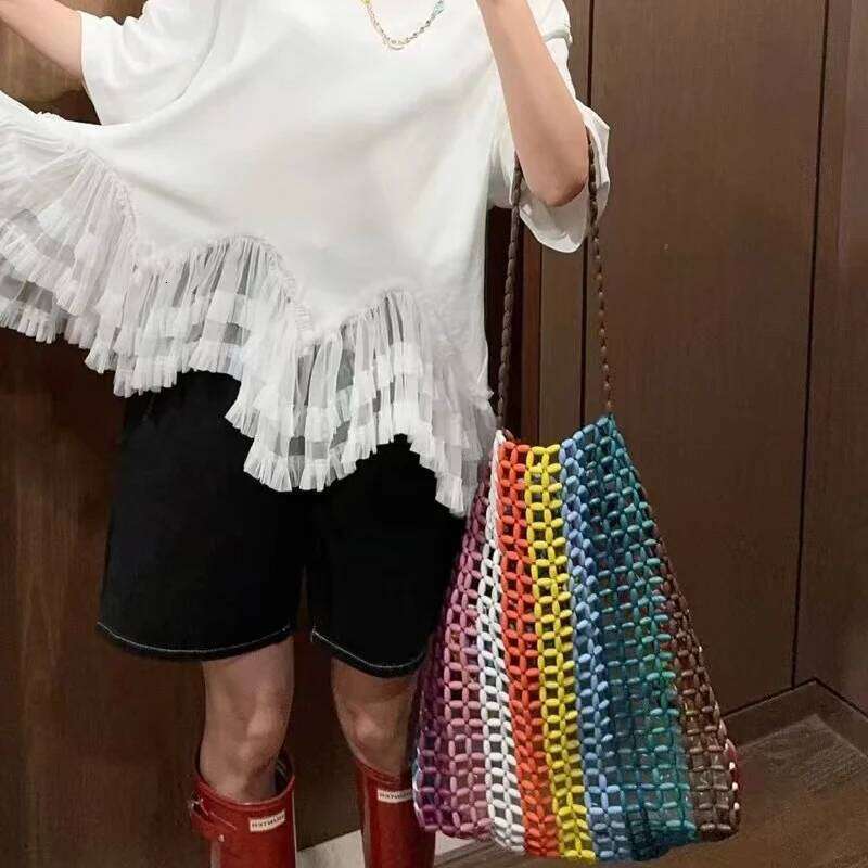 National Large Capacity Beach Tote Bags For Women Designer Handbag Purses 2025 New In Wood Woven Hollow Underarm Shoulder