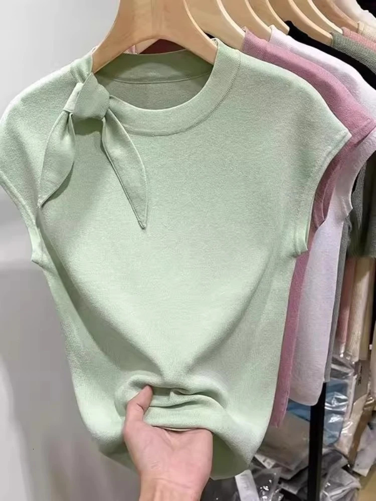 AOSSVIAO 2025 Womens Short Sleeve Round Neck Knit Sweater Summer Slim Fit Versatile Pullover Laceup Fashion Female Clothes 250530