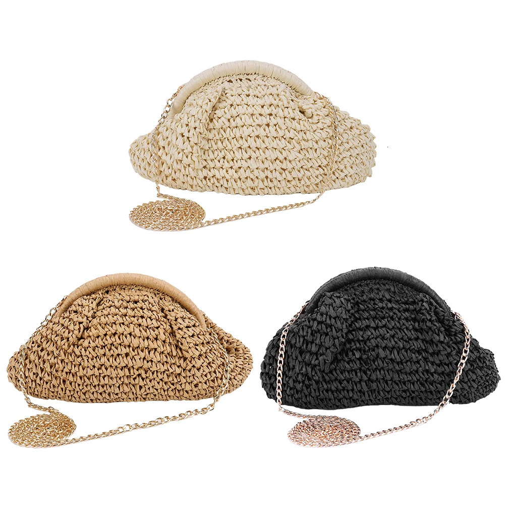Women Straw Woven Bag Chain Strap Fashion Shoulder Large Capacity Weaving Satchel Solid Color for Party Vacation 250605