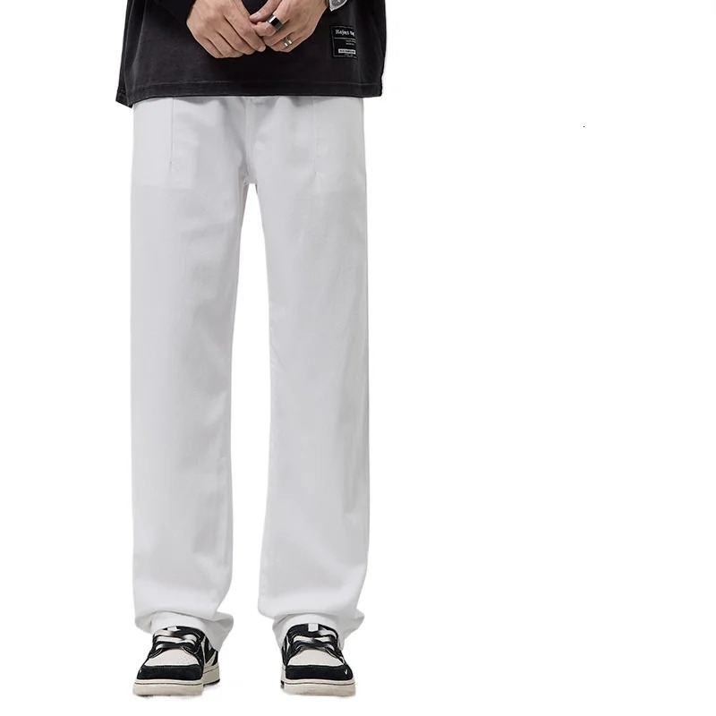 Mens White Jeans Summer Thin Ice Silk Loose Straight Leg Wide Leg Pants Fashionable Washed and Hanging Casual Versatile Pants 250605
