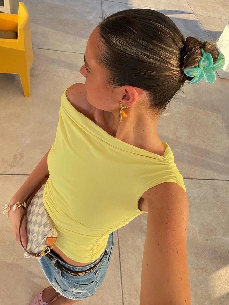 Weird Puss Irregular Women Tank Tops Shirring Shoulder Ruched Summer Chic Fashion Solid tie Simple Basic Streetwear Slim Vest 250605