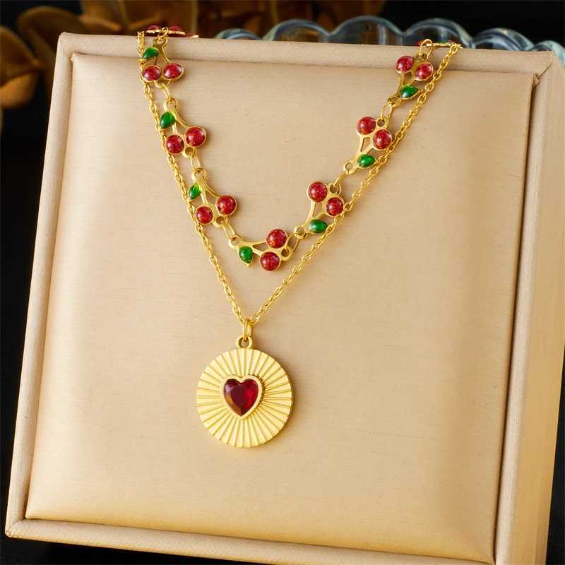 DIEYURO 316L Stainless Steel Cherry Circular Inlaid Red Heart Zircon Double-layer Necklace Womens Trend Neck Chain Jewelry Gift Y250605