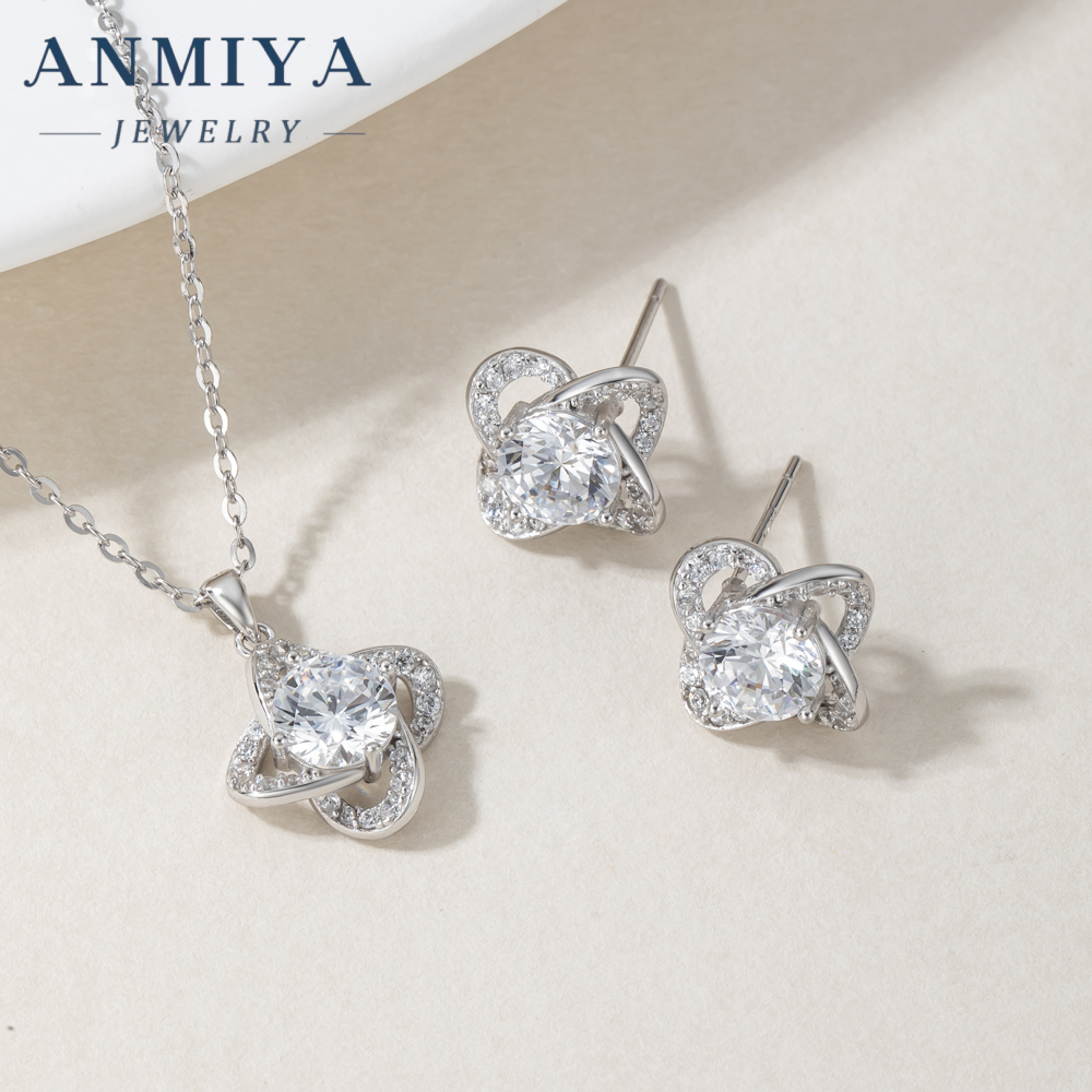 New Style Unique Four Leaf Clover Shine S925 Silver Rhodium Plated Necklace Earrings Set Jewelry for Ladies Women