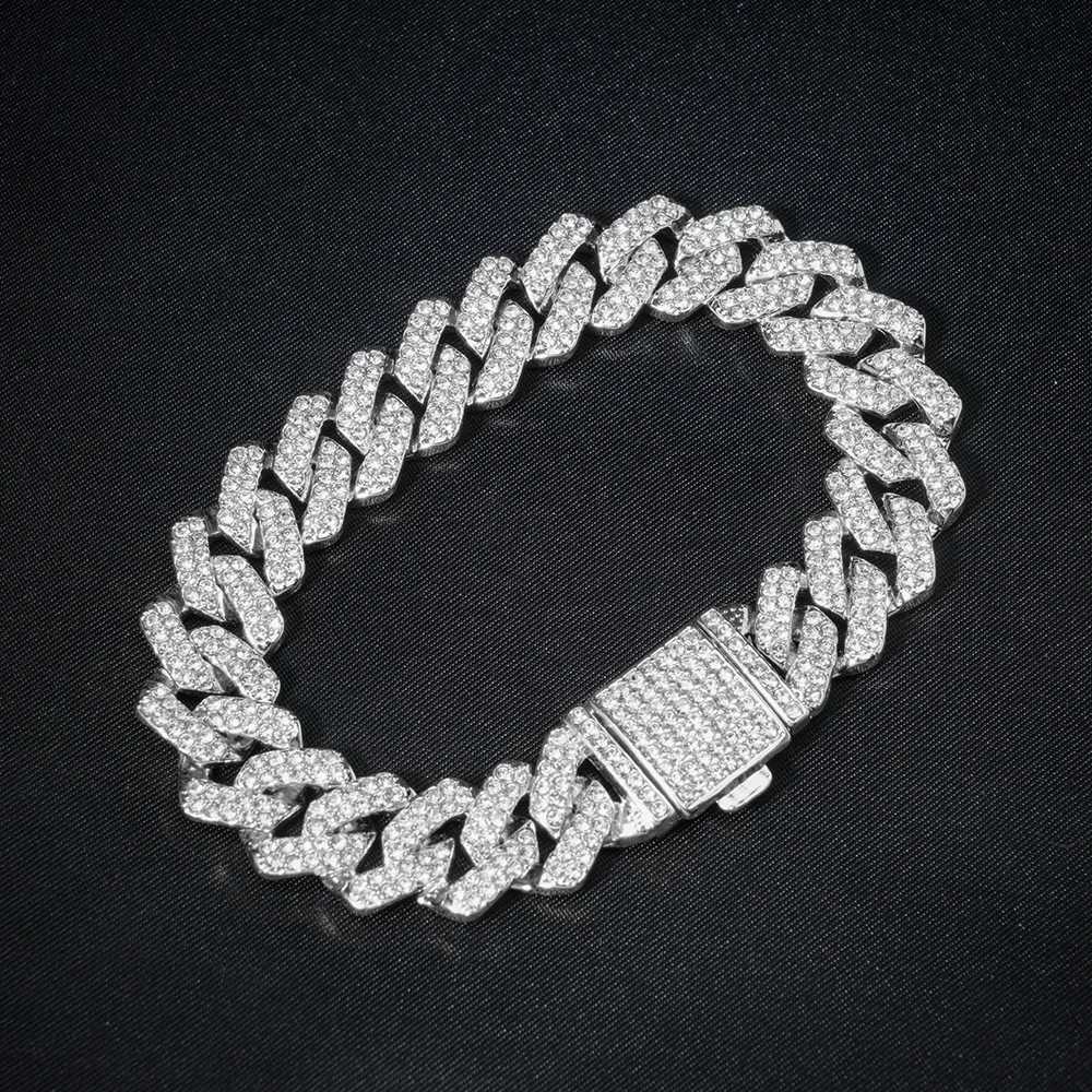 Hip Hop 15mm Cuban Link Chain Bracelet for Men Silver Color Iced Out Rhinestone Miami Bracelets Punk Women with Box Clasp Gift W250606