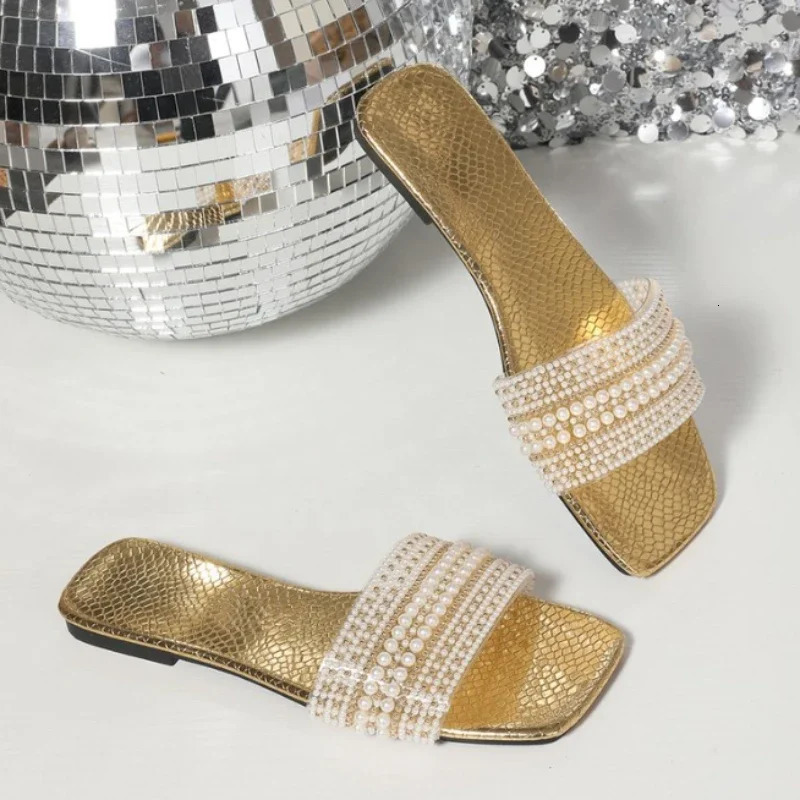 Women Pearl Slippers Summer Flats Square Toe Slides Sandals Woman Non Slip Beach Flip Flops Big Size Zapatillas De Mujer 250603