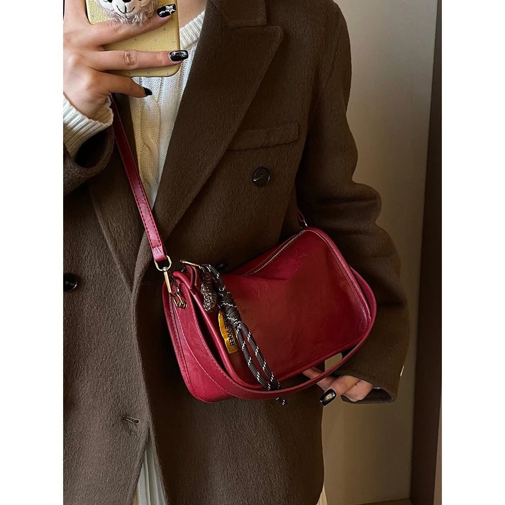 Burgundy Crossbody Bag for Women Fashion Soft PU High-Grade Zipper Commute Handbags Female Elegant Delicate Shoulder Bags 250605