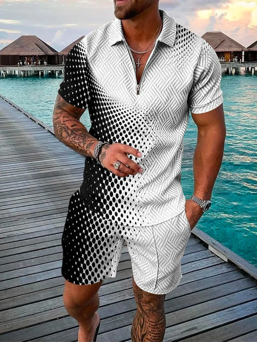 Funny 3D Polka Dot Print Mens Short Sleeve Sets Fashion Zip Polo Shirt Shorts 2 Piece Outfit Summer Street Clothing Casual Suit 250605