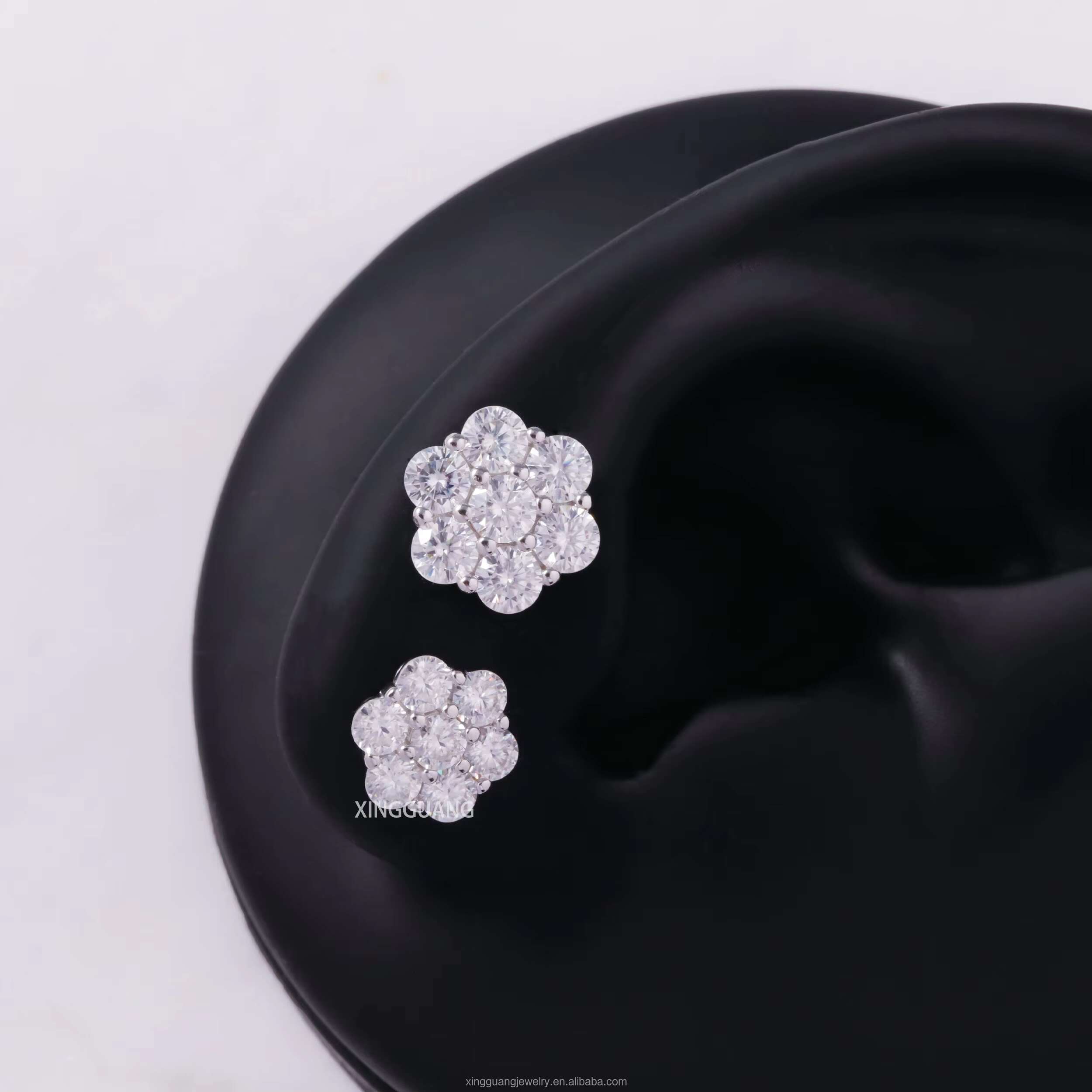 Fashion Jewelry Snowflake Design Round Moissanite Diamonds White Gold Plated 925 Sterling Silver Earring Studs Women Men