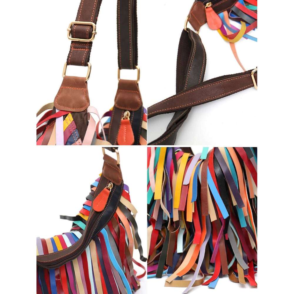 SC Colorful Real Sheepskin Shoulder Bags For Women Large Casual Slouchy Hobo Handbags Patchwork Leather Tassel Cross Body Purses