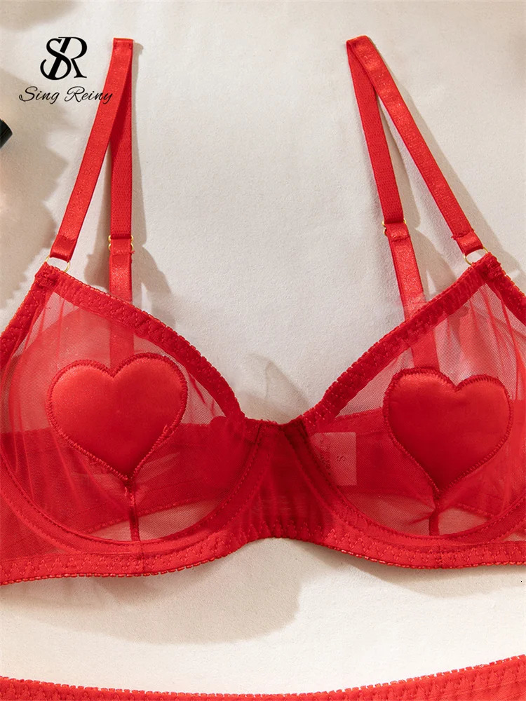 SINGREINY Love Sheer Slim Sexy Lingerie 4 Pieces Suits Women Garter Club Bra Sets Fashion Christmas Erotic Underwear Sets 250603