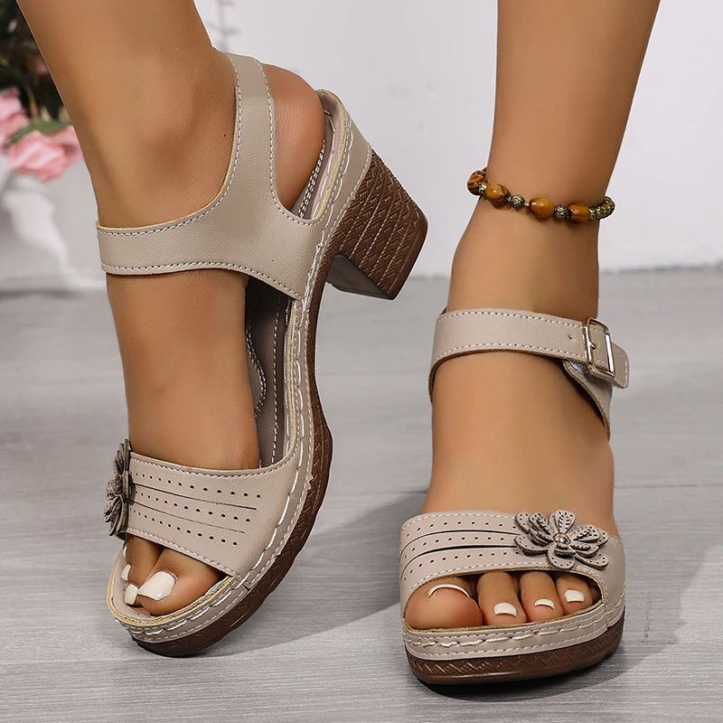 Vintage Flower Thick Heel Sandals for Women Lightweight Ankle Buckle Platform Sandles Woman Plus Size Summer Sandalias Mujer 250605