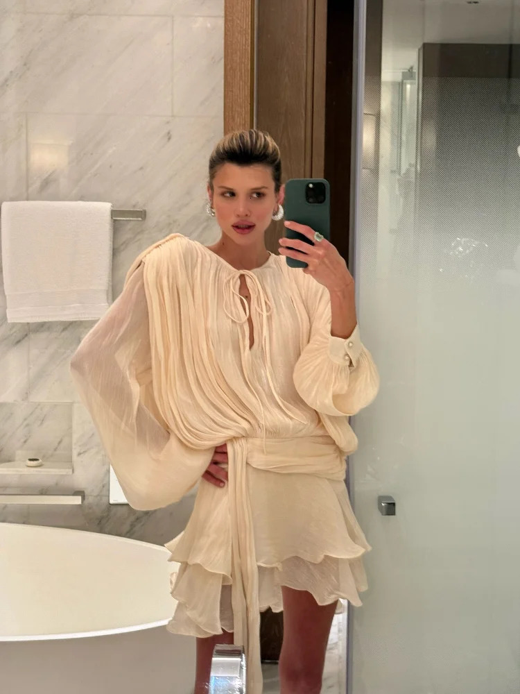 Stunning Shiny Ruffles Lace Up Mini Dress Chic Loose Hollow Out Aline Pleated Vestidos Lady Summer Party Gowns 2025 250526