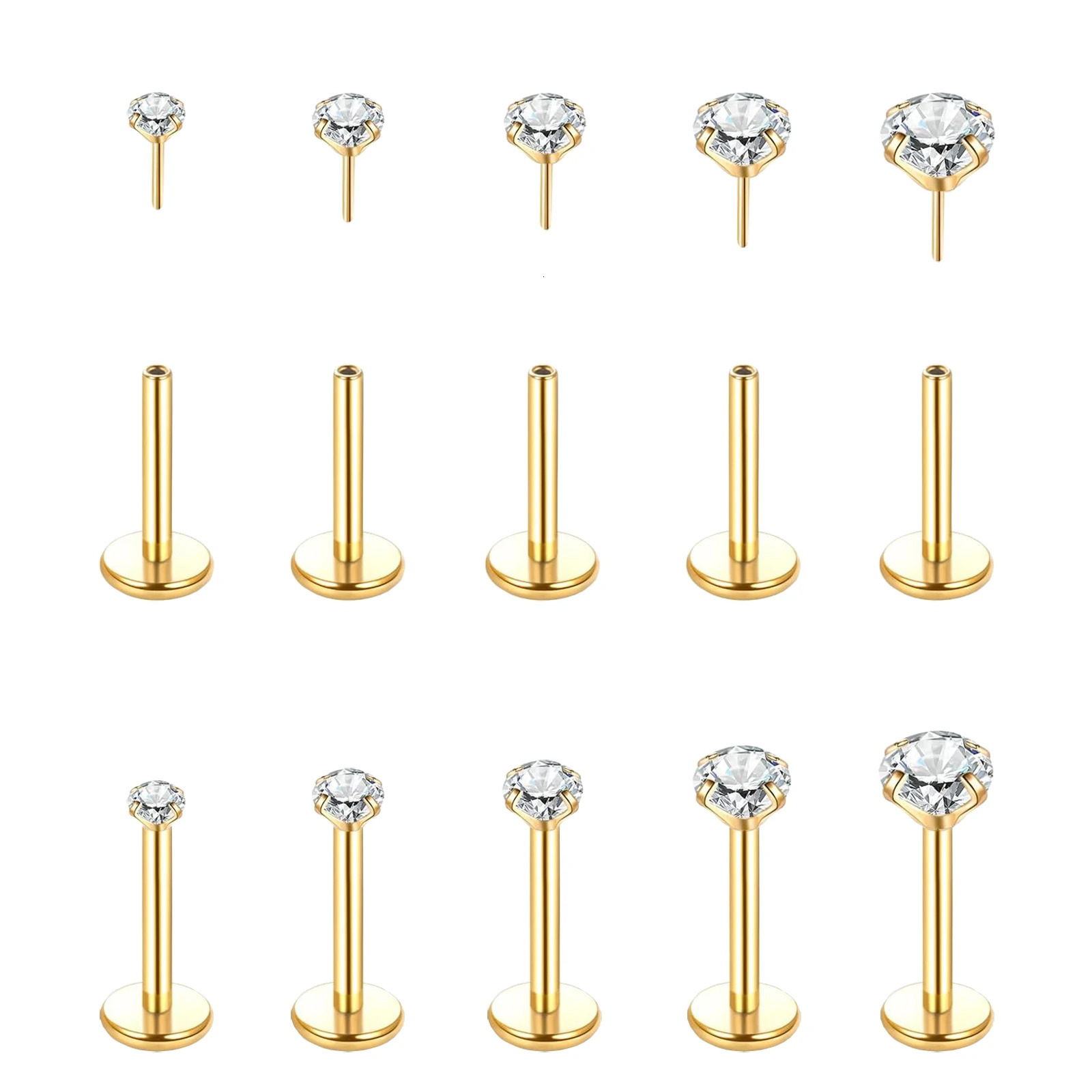 5Pcs Steel Lip Ear Nose Piercing Stud for Women Threadless Labret with 1.5/2/2.5/3/4MM Cubic Zirconia Flat Back 18/20G 250605