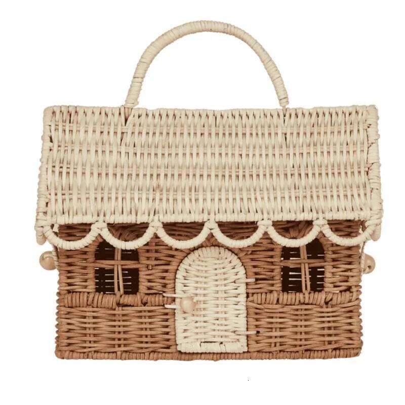 Funny House Rattan Wicker Woven Handbag Straw Knitted Box for Women 2025 Handmade Travel Beach Bags Square Basket Bag