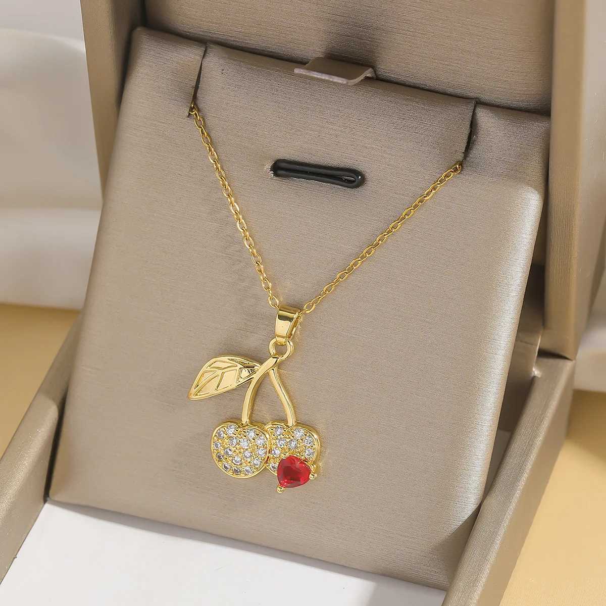 Shiny Cute Zircon Cherry Pendant Necklaces for Women Girls Stainless Steel Chain Kpop Sweet Collar Jewelry Accessories Gifts Y250605