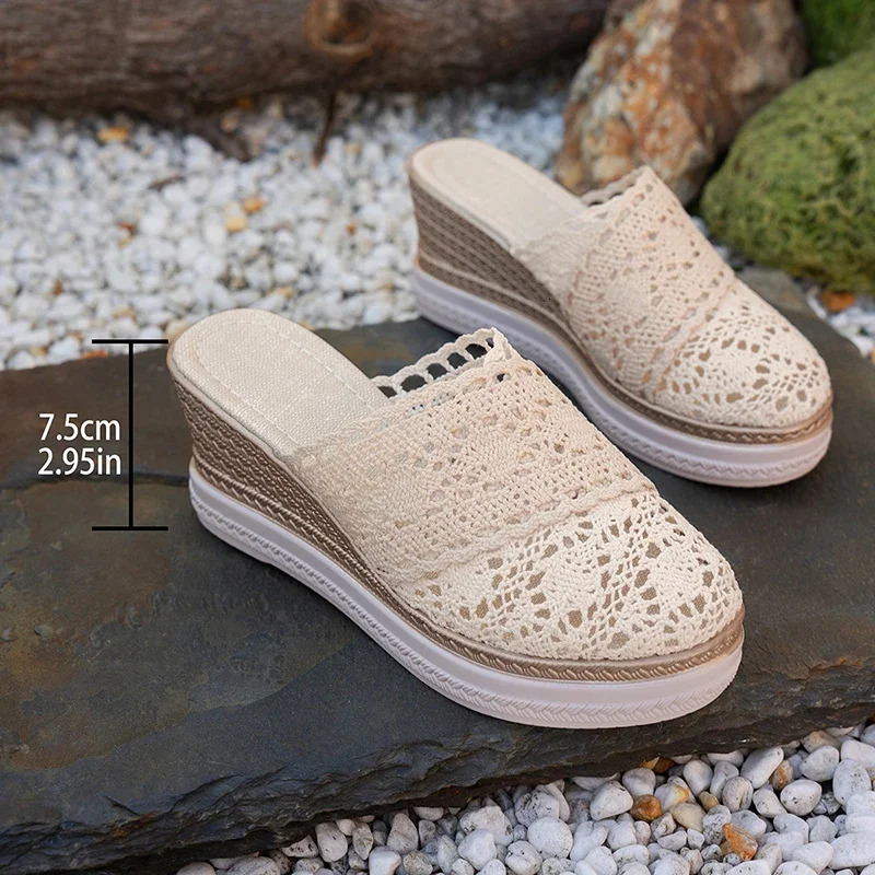 Closed Toe Wedge Heels Slippers for Women 2025 Summer Hollow Out Breathable Platform Sandals Woman Lightweight Wedge Mules Shoes 250605