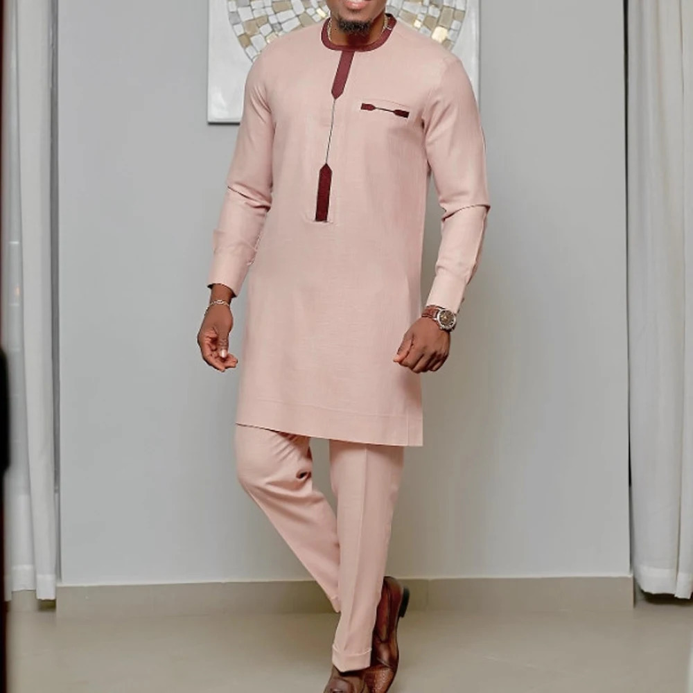 Kaftan Mens Sets Ribbon Long Sleeve Top Shirt Pants African Ethnic Casual Traditional Clothing Outfits Gentleman Wear 2PCS Suit 250603