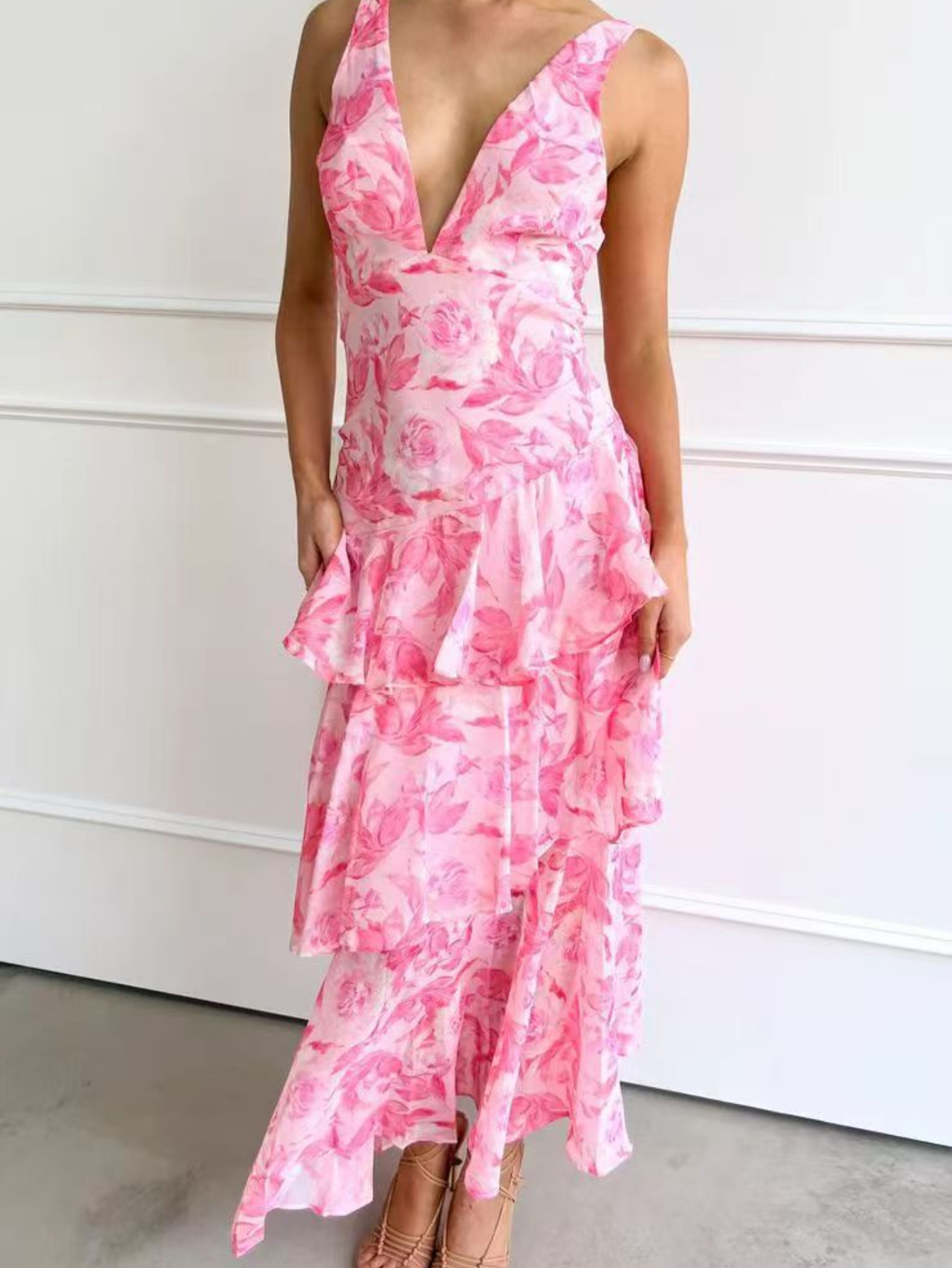 Sexy Tierred Ruffles Chiffon Prom Party Dresses For Women Floral Print A Line Maxi Dress Corset Back Sundress