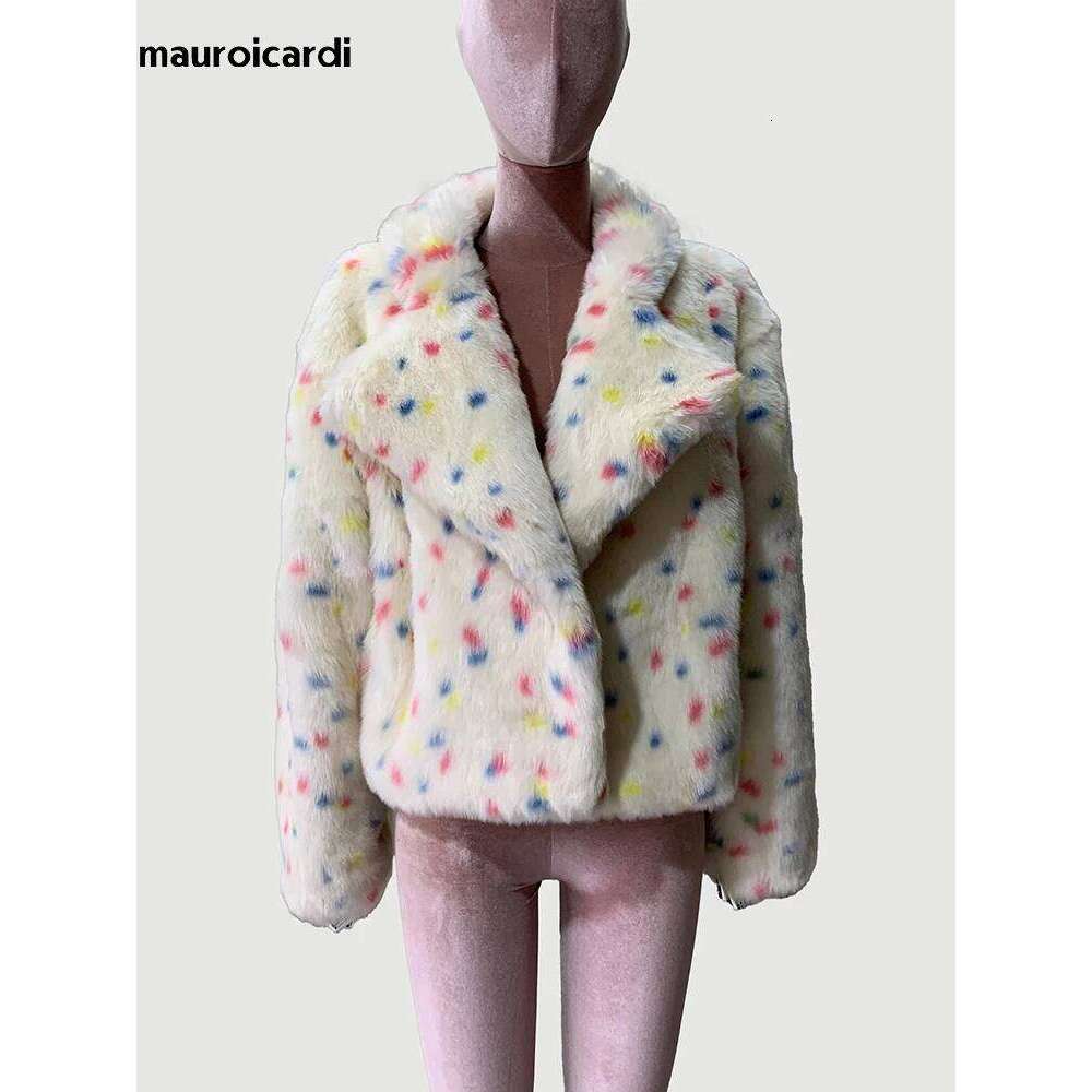 Mauroicardi Winter Short Colorful Thick Warm Faux Fur Coat Women Loose Sweet Fluffy Jacket Furry Cardigan 2024