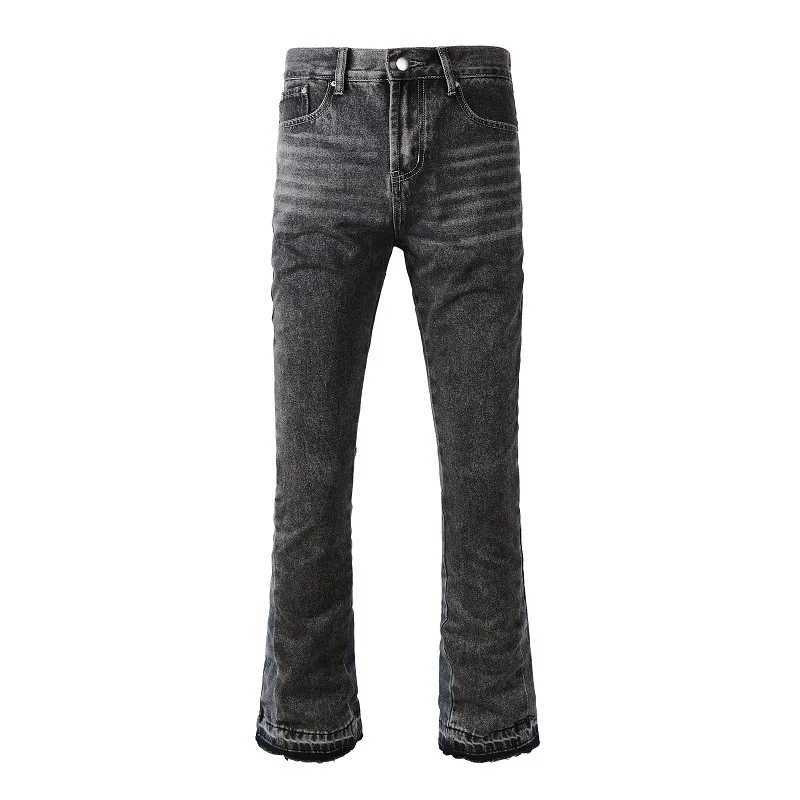 Men Jeans Washed Denim Flare Pants Mid Waist Pockets Patchwork Denims 2024 Autumn Strtwear Vintage Ankle Length TrousersC250606