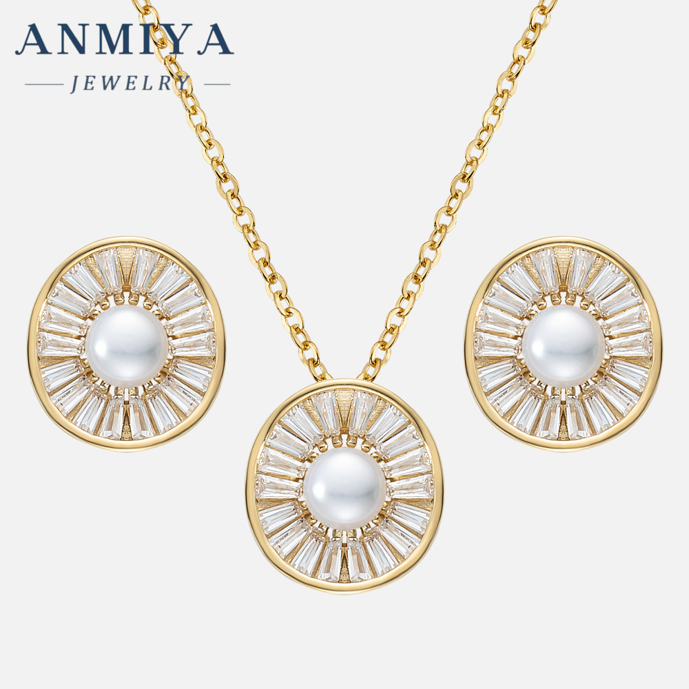 Fine Fashion Irregular Circle Pearl Necklace Set Zircon Sterling Silver Fashion Jewelry Girls Necklaces Earrings Set for Gift