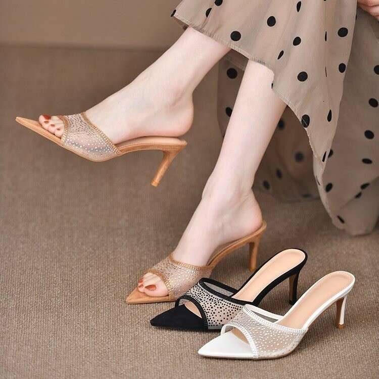 Sharp pointed rhinestone sandals summer style, slim heel, open toe, women's high heels slippers, outdoor wear, new women's shoes, fashionabl