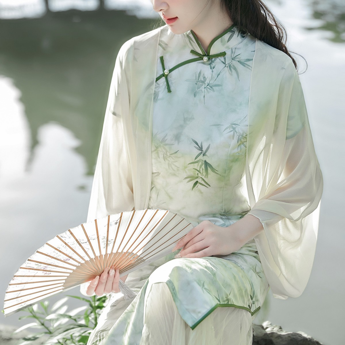 K935 New Chinese style white ice silk chiffon cardigan for women in summer cheongsam with tulle shawl vest blouse top