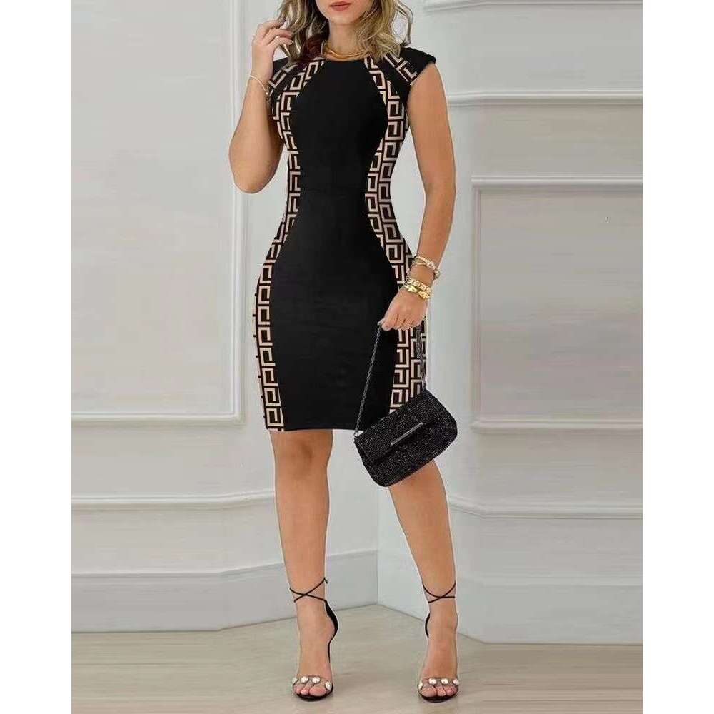 Summer New Style Women's Round Neck Printed Sleeveless Color Block Zipper Sexy Slim Fit Bodycon Dress B5
