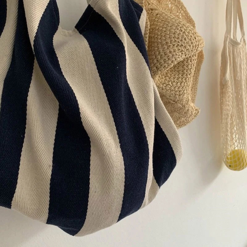 Striped Canvas Bag for Women Large Capacity Shoulder Bag Daily Shopping Student Bookbag School Travel Beach Bag 250530