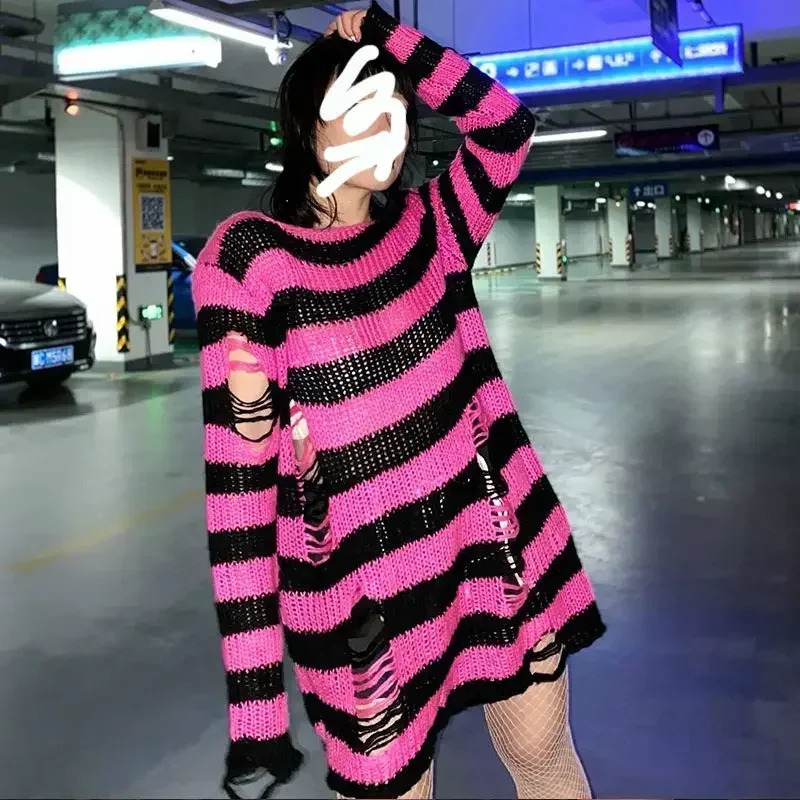 Purple Striped Gothic Sweater Ripped Holes Loose Knitted Pullover Frayed Fairy Grunge Jumpers Emo Streetwear Lolita 250530