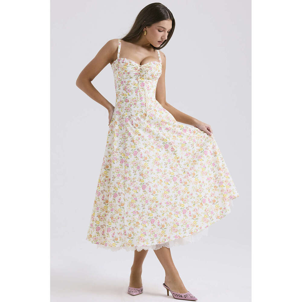 Elegant Series French Style Summer Gentle Slimming Floral Strap Long Dress B5