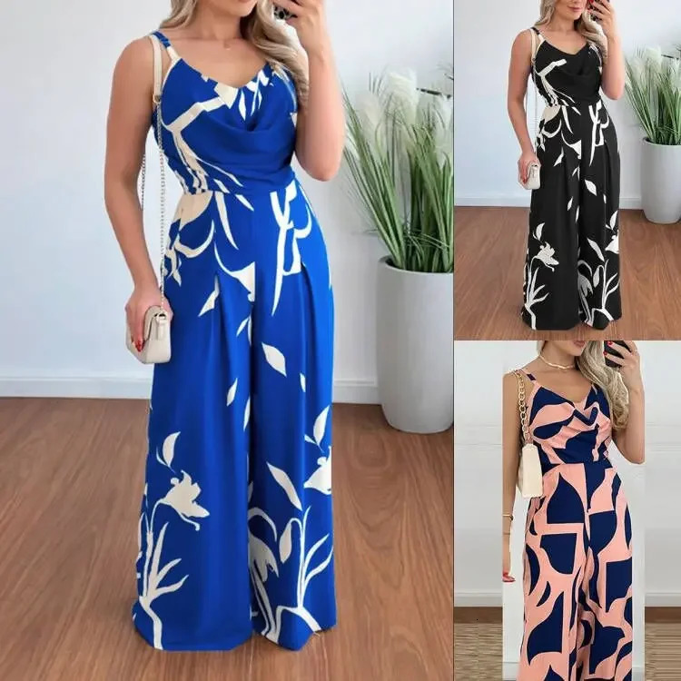 Fashionable Printed V-Neck Backless Waist-Cinched Wide Leg Jumpsuit Elegant One-Piece Cross-Border Long Pants for Women 250530