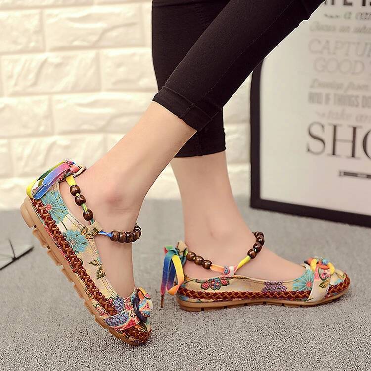 Ddmyoutdoor Plus Size Casual Flat Women Flats Handmade Beaded Ankle Straps Loafers Zapatos Mujer Retro Ethnic Embroidered Shoes Outdoor Shoes