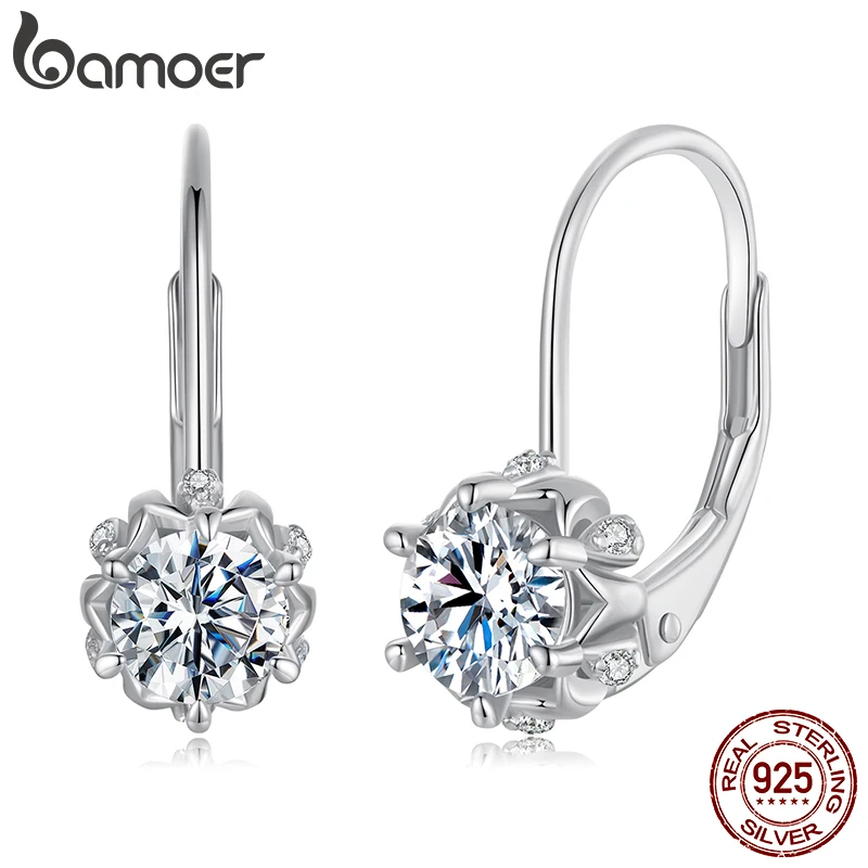 BAMOER Platinum Plated Moissanite Flower Earrings for Women, Round Cut Lab Diamond Real 925 Sterling Silver Hypoallergenic Earrings valentines day Gif