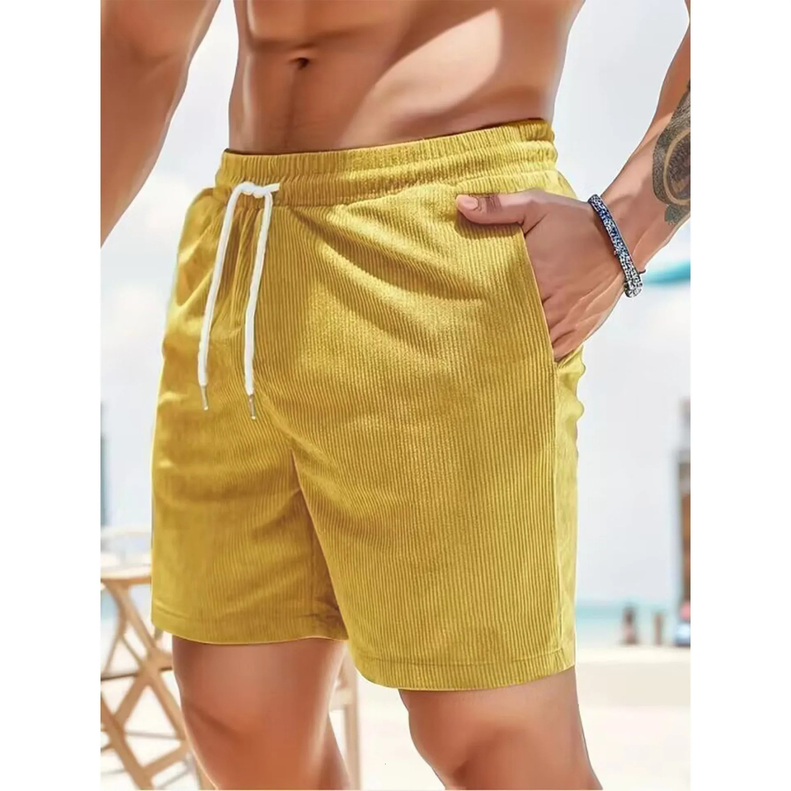 Summer Solid Color Lace up Sports Pants Corduroy Minimalist 54 Shorts Mens Shorts Casual Pants 250605