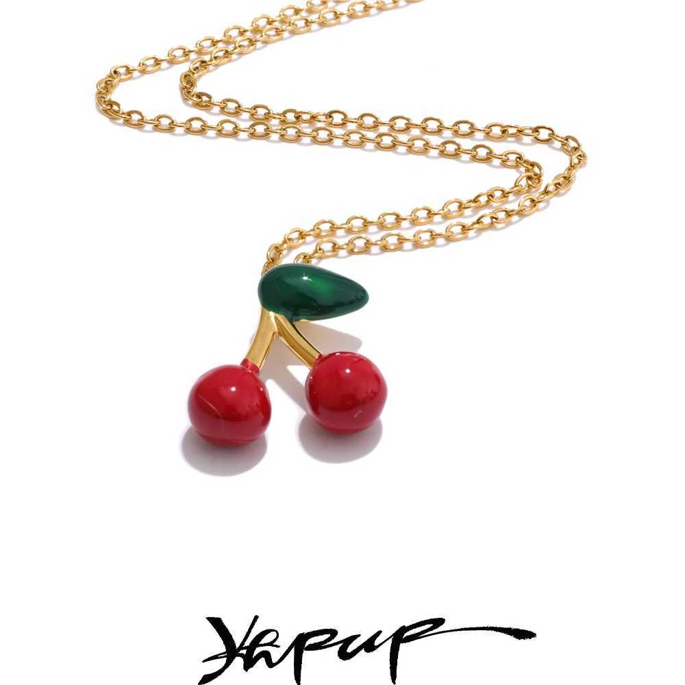 Yhpup Hot Style Lovely Fruit Sweet Red Enamel Cherry Pendant Necklace Stud Earrings Stainless Steel Waterproof Charm Jewelry Y250605