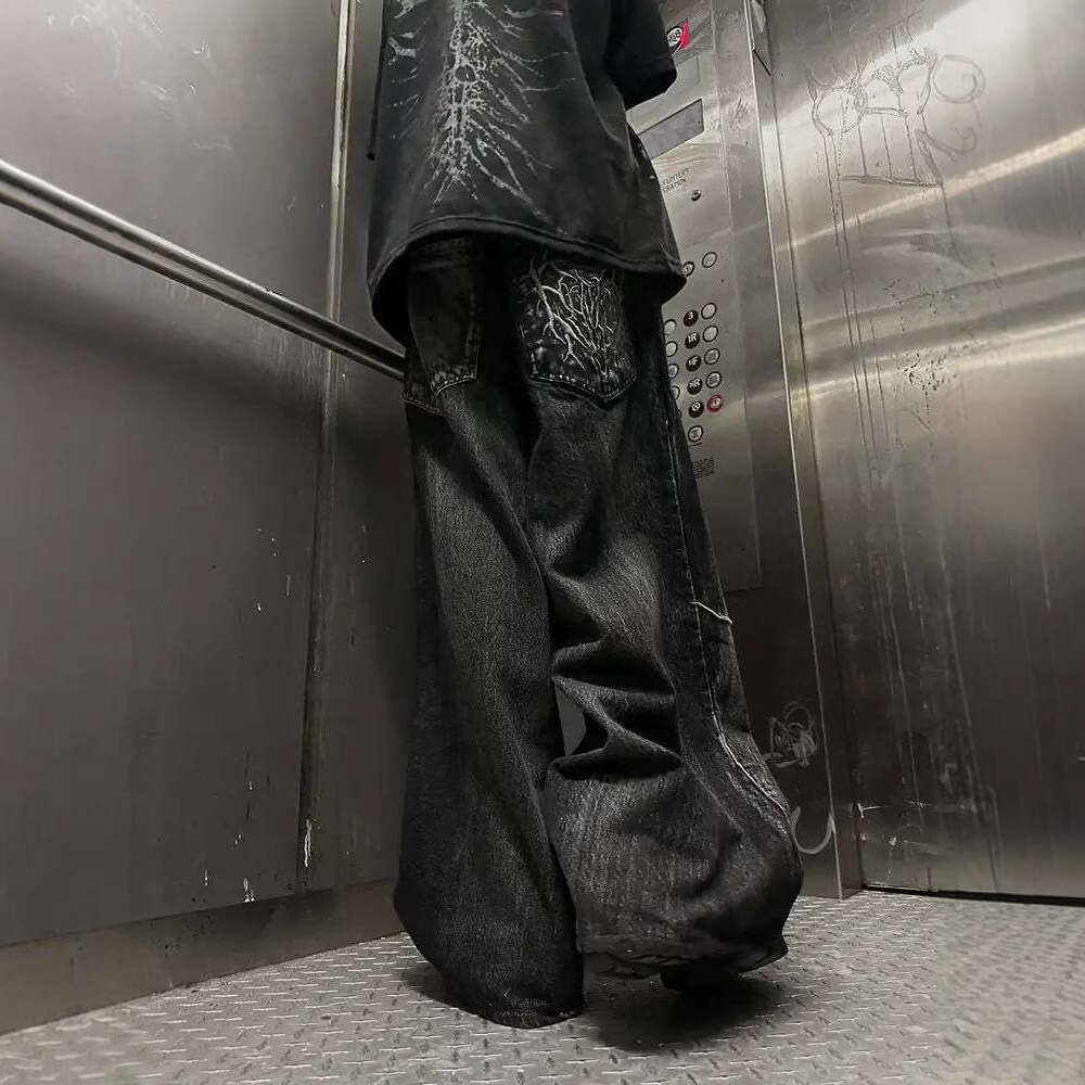 Y2K Dark Punk Embroidered Frayed Patch Wide-Leg Pants Street Loose Long Jeans