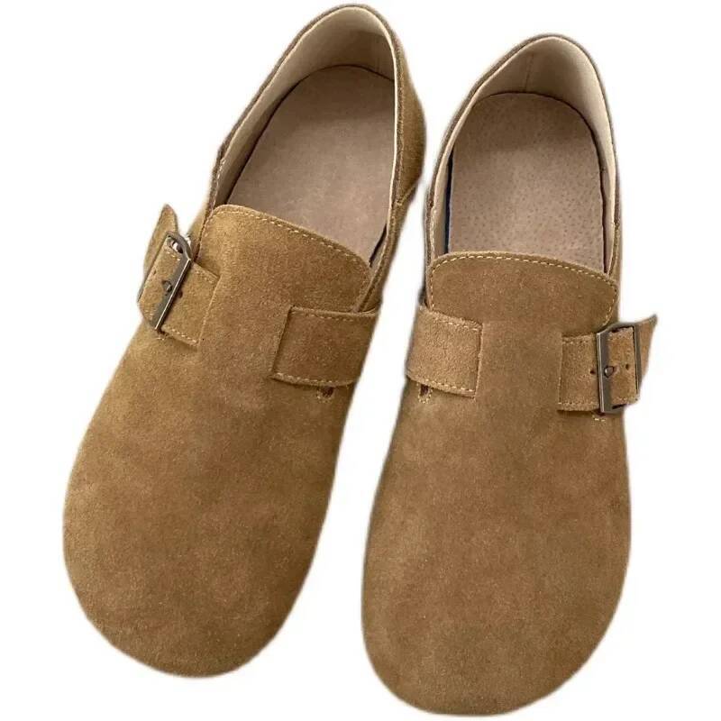 Ddmyoutdoor Fashion Casual Retro Leather Mule Clogs Slippers Outdoor Soft Cork Belt Buckle Slides Flat Shoes For Women Outdoor Shoes