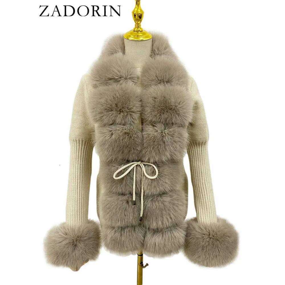 ZADORIN Fall Winter Women Coat Knitted Sweater Cardigan Detachable Collar White Pink Jacket Faux Fur Coats luanyun