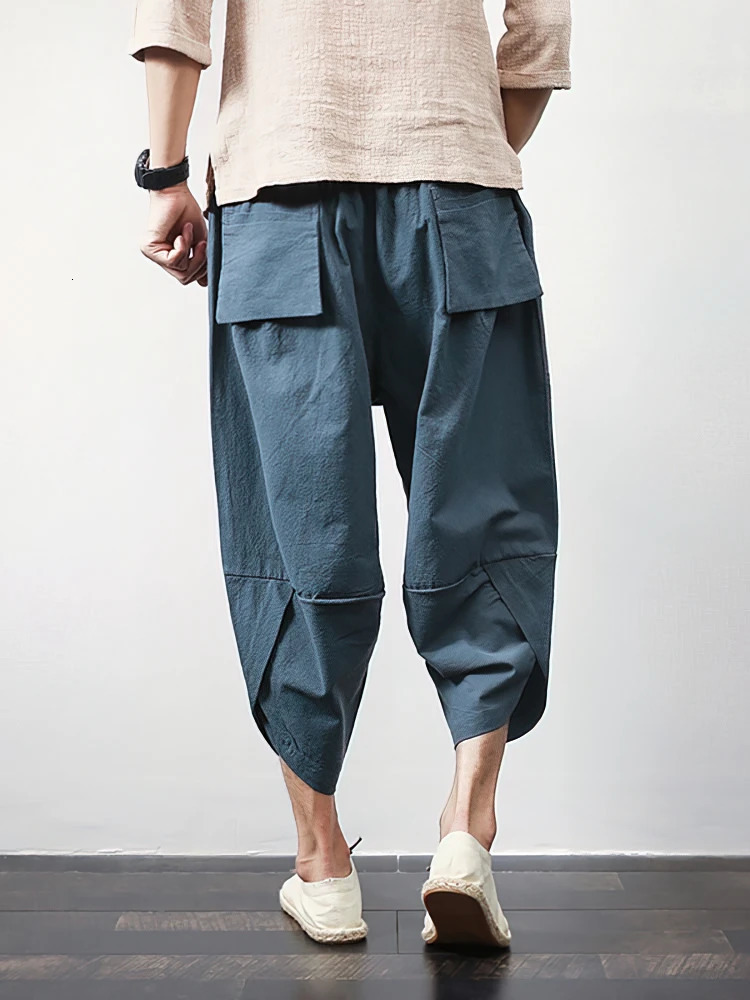 Beach Summer Cotton Linen Cargo Shorts Men Baggy Wide leg Casual Capris Pants Male Sport Running Shorts 2025 Harem Trousers 250605