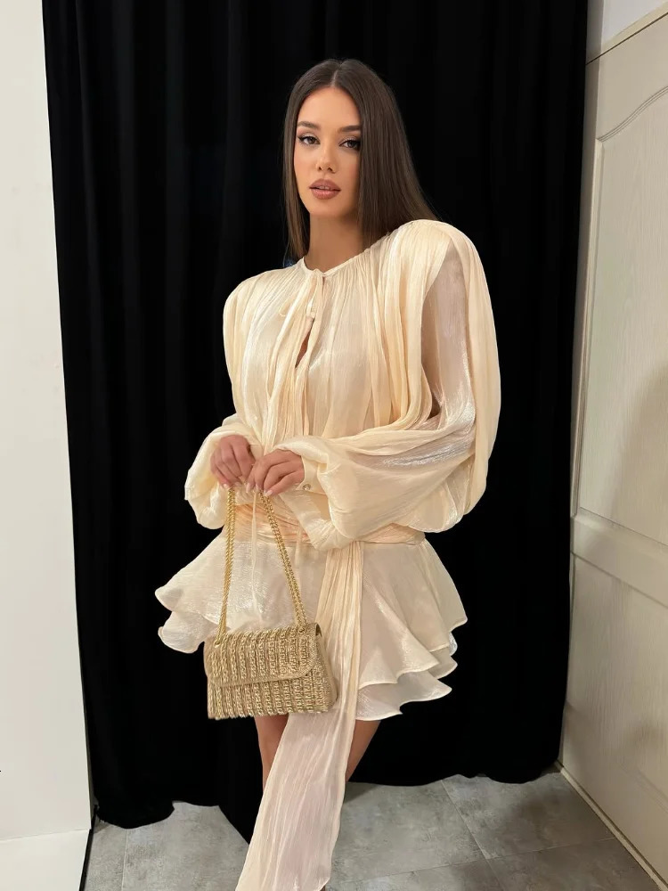 Stunning Shiny Ruffles Lace Up Mini Dress Chic Loose Hollow Out Aline Pleated Vestidos Lady Summer Party Gowns 2025 250526
