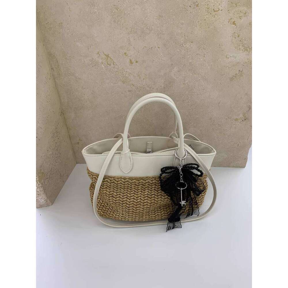 Spring Summer New Straw Tote Patchwork Color Block Handbag Shoulder Pastoral Style Woven Vacation Bag